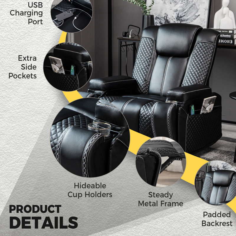 Ebern Designs Wide Bonded Leather Massage Home Theater Seating with USB